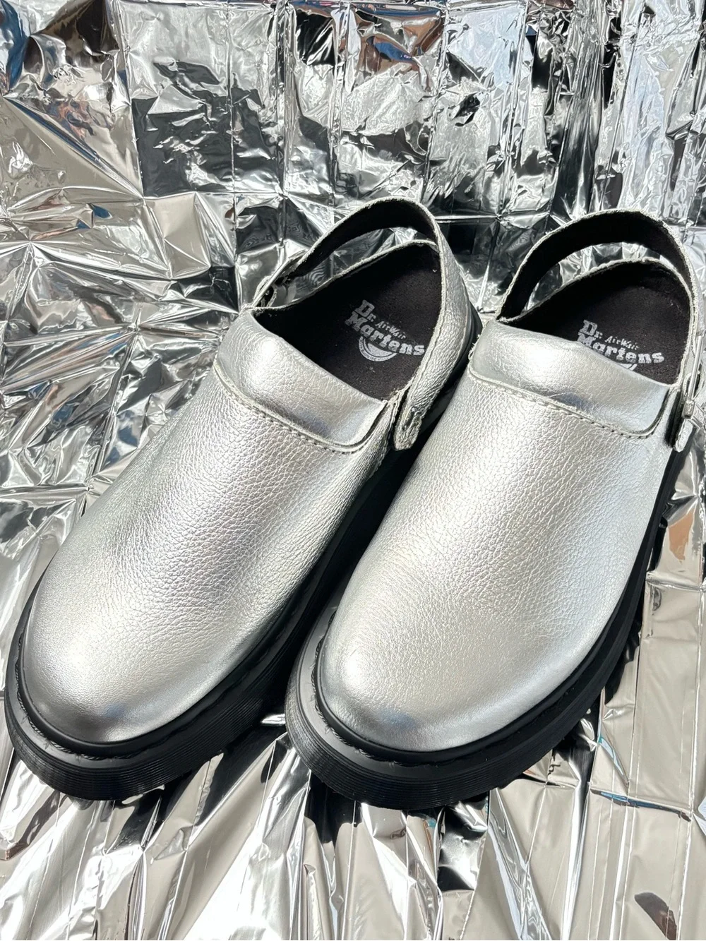 DR. MARTENS LAKETEN SILVER SLINGBACK MULES, size 9M